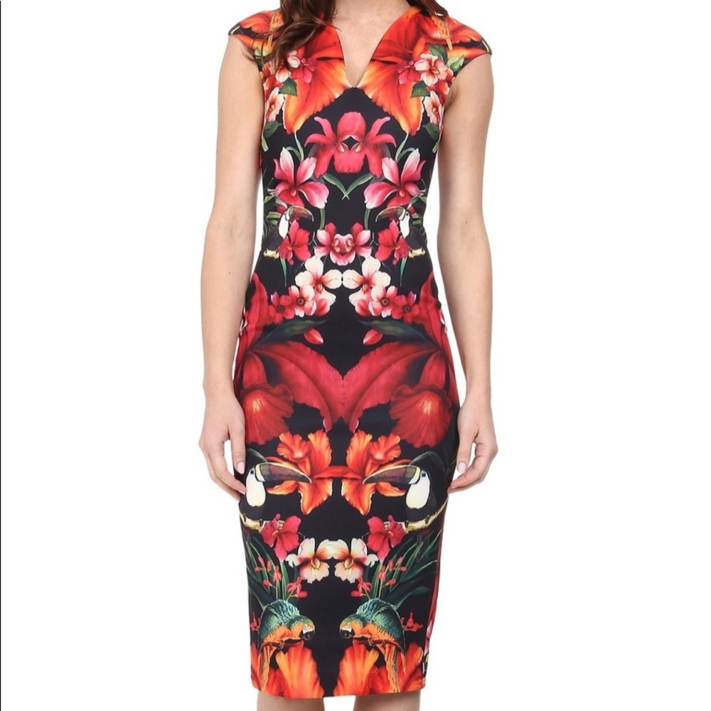 TED BAKER Tropical Toucan midi bodycon dress
